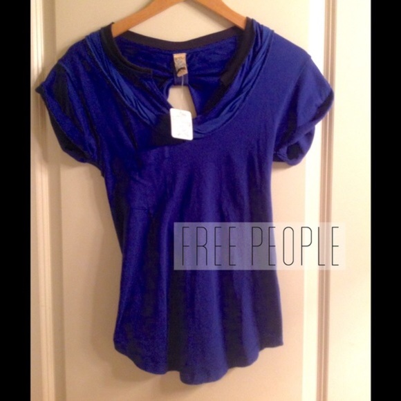FREE PEOPLE Blue Keyhole Open Back Boho Short Sleeve Pocket Tee Shirt XS NEW Bow - Picture 8 of 9